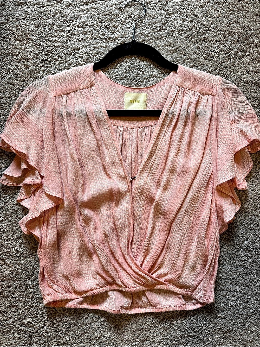 Maeve Sheer Flutter-Sleeve Top Pink & White Blouse XS